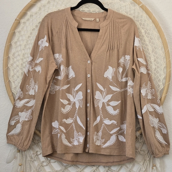 Soft Surroundings Alva Embroidered Knit Top Boho Balloon Sleeve Button Front L - Picture 4 of 13